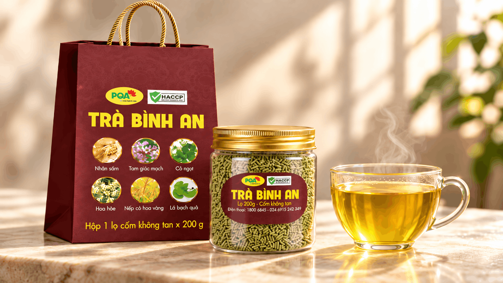 Trà Bình An PQA 200g, bao bì, lọ cốm và tách trà
